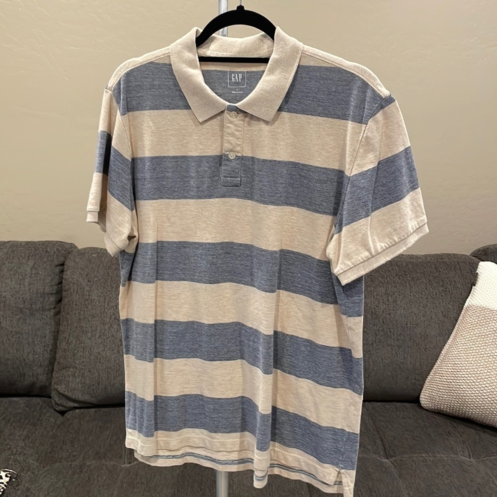 Mens Beige and Blue Stripe Polo GAP Mens Large